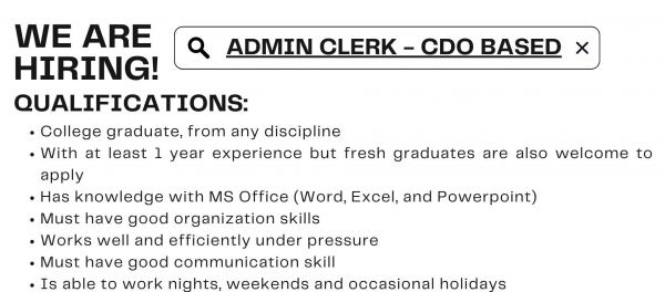 Jobtalk - Admin Clerk vacancy in Cagayan De Oro City! Hiring by M. Montesclaros Hospitality Corporation