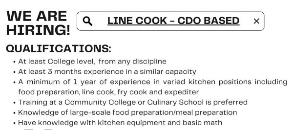 Jobtalk - Line Cook vacancy in Cagayan De Oro City! Hiring by M. Montesclaros Hospitality Corporation