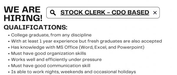 Jobtalk - Stock Clerk vacancy in Cagayan De Oro City! Hiring by M. Montesclaros Hospitality Corporation