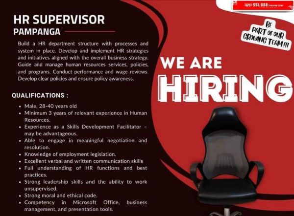 Jobtalk - HR Supervisor vacancy in San Fernando City! Hiring by SSL 888 Tading Corp.