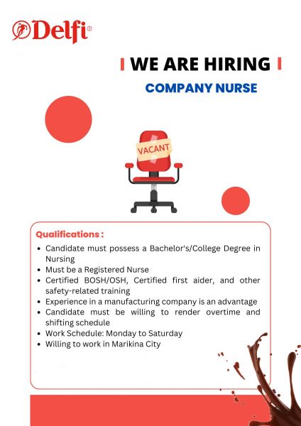 Jobtalk - Company Nurse vacancy in Marikina! Hiring by DELFI Foods, Inc.