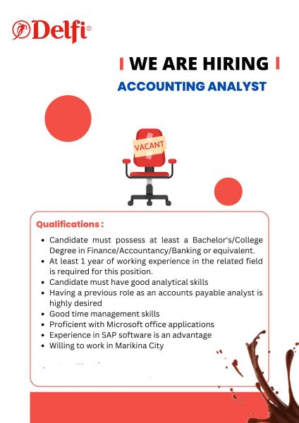 Jobtalk - Accounting Analyst vacancy in Marikina! Hiring by DELFI Foods, Inc.