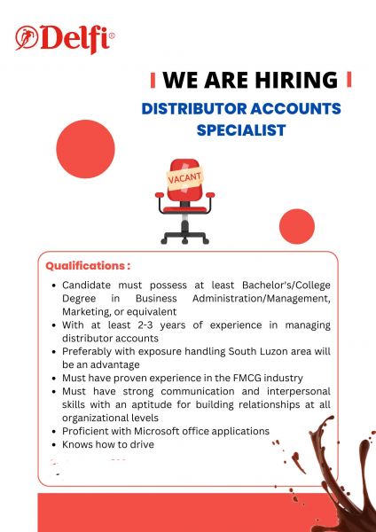 Jobtalk - Distribution Specialist vacancy in Marikina! Hiring by DELFI Foods, Inc.