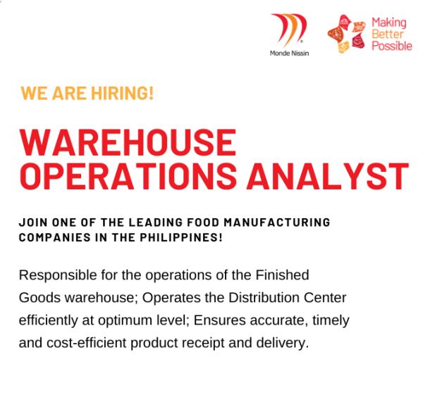Jobtalk - Warehouse Operations Analyst vacancy in Malvar! Hiring by Monde Nissin Corporation