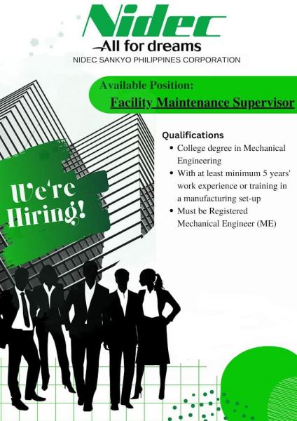 Jobtalk - Facility Supervisor vacancy in Cabuyao City! Hiring by Nidec Sankyo Philippines Corporation
