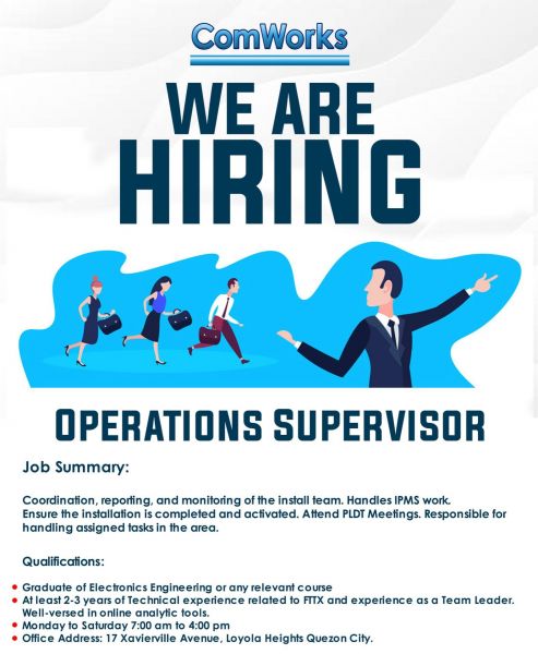 Jobtalk - Operations Supervisor vacancy in Quezon City! Hiring by Comworks Inc.