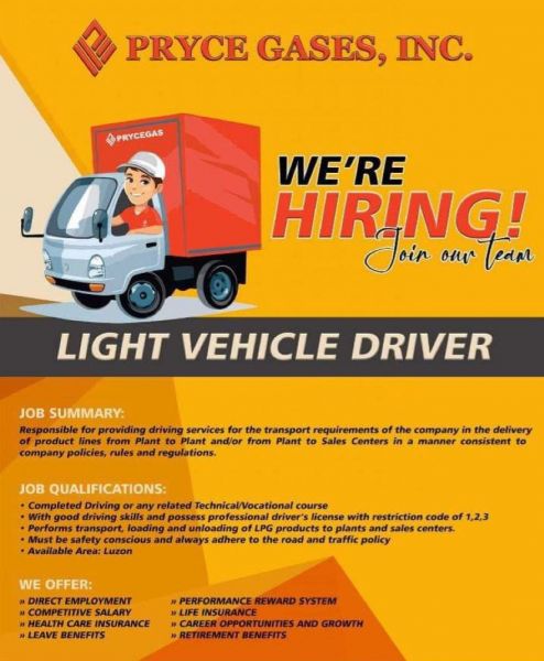 Jobtalk - Driver vacancy in Albuera! Hiring by Pryce Gases, Inc.