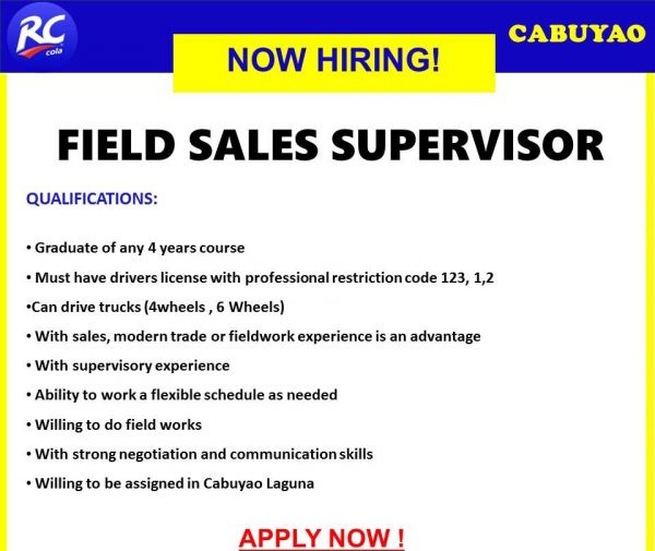 Jobtalk - Field Sales Supervisor needed for  field work in Laguna area