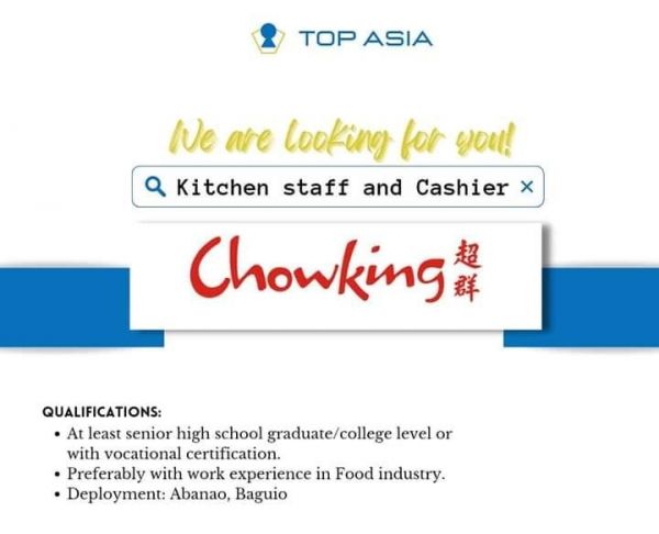 Jobtalk - Cashier vacancy in Baguio City! Hiring by Chowking