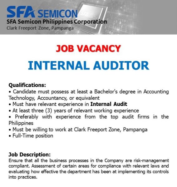 Jobtalk - Internal Auditor vacancy in Mabalacat City! Hiring by SFA Semicon Philippines Corporation