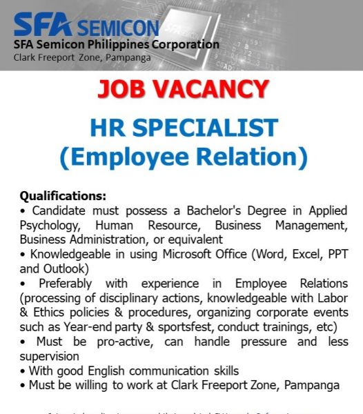 Jobtalk - Employee Relations Specialist vacancy in Mabalacat City! Hiring by SFA Semicon Philippines Corporation