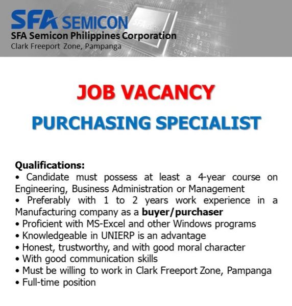 Jobtalk - Purchasing Specialist vacancy in Mabalacat City! Hiring by SFA Semicon Philippines Corporation
