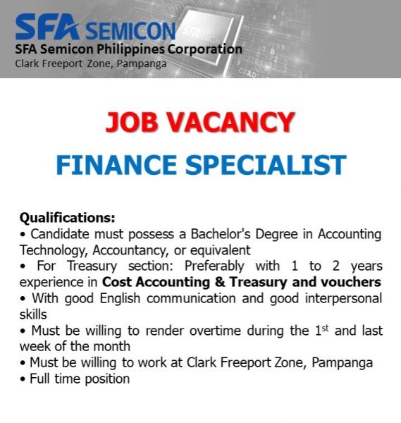 Jobtalk - Finance Specialist vacancy in Mabalacat City! Hiring by SFA Semicon Philippines Corporation