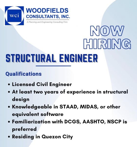Jobtalk - Structural Engineer vacancy in Quezon City! Hiring by Woodfields Consultants Inc.