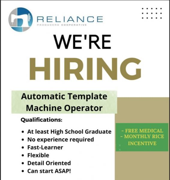 Jobtalk - Sewing Machine Operator vacancy in Carmona! Hiring by Reliance Producers Cooperative