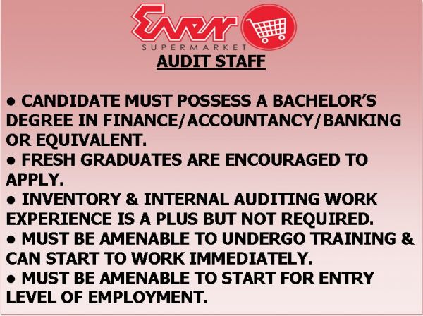 Jobtalk - Audit Staff vacancy in Ermita! Hiring by Ever Supermarket