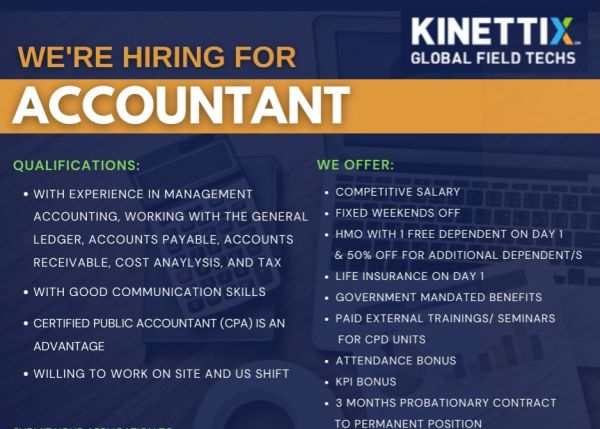 Jobtalk - Accountant vacancy in Cebu City! Hiring by Kinettix Global Field Techs Philippines