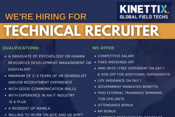 Jobtalk - Technical Recruiter vacancy in Pasig! Hiring by Kinettix Global Field Techs Philippines