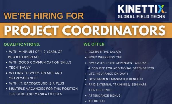 Jobtalk - Project Coordinator vacancy in Pasig! Hiring by Kinettix Global Field Techs Philippines
