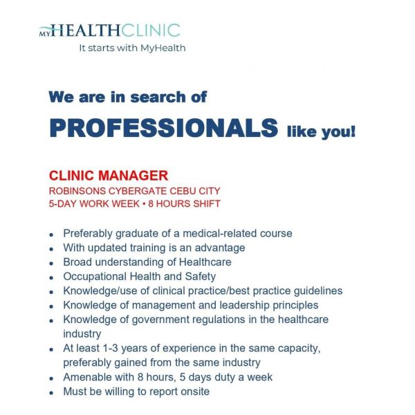 Jobtalk - Clinic Manager vacancy in Cebu City! Hiring by My Health Clinic