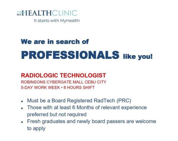 Jobtalk - Radiologic Technologist vacancy in Cebu City! Hiring by My Health Clinic