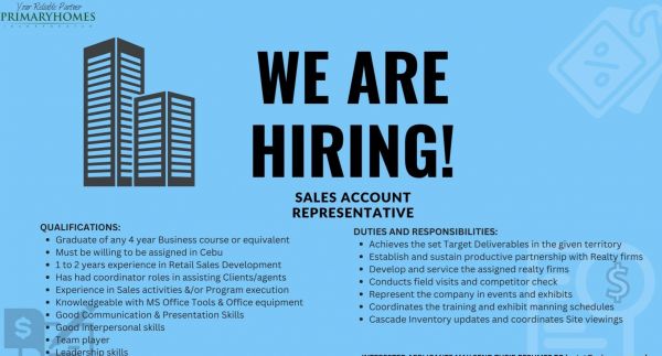 Jobtalk - Sales Account Representative vacancy in Cebu City! Hiring by Primary Homes Inc.