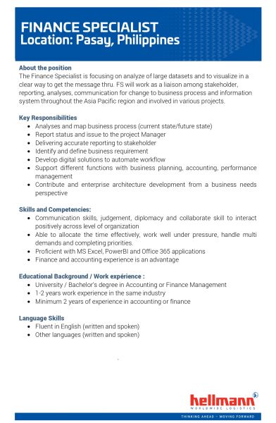 Jobtalk - Finance Specialist, English bilingual vacancy in Pasay! Hiring by Hellman Shared Services Center, Inc.