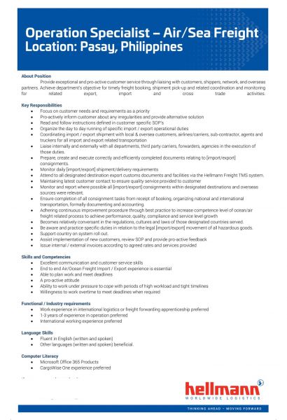Jobtalk - Freight Operations Specialist vacancy in Pasay! Hiring by Hellman Shared Services Center, Inc.