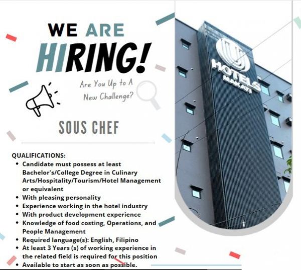 Jobtalk - Sous Chef vacancy in Makati! Hiring by Bahama Realty & Development