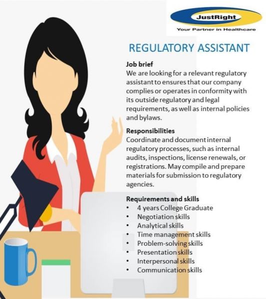 Jobtalk - Regulatory Assistant vacancy in Quezon City! Hiring by JustRight Healthcare Inc.