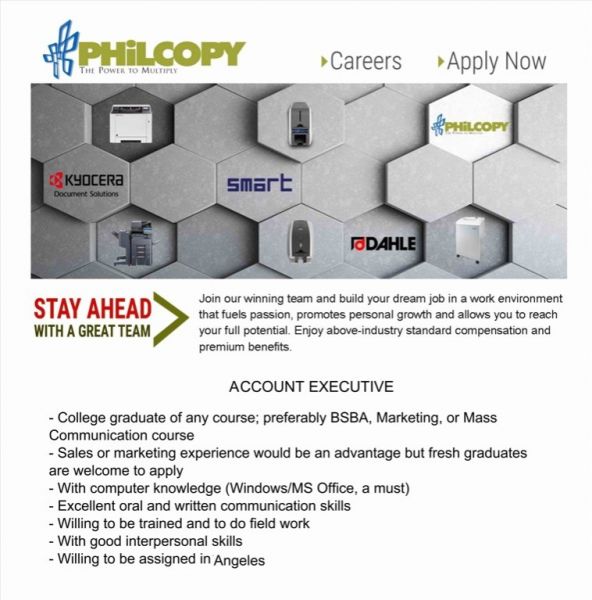 Jobtalk - Account Executive vacancy in Angeles City! Hiring by Philcopy Corporation