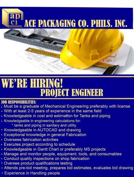 Jobtalk - Project Engineer vacancy in Valenzuela! Hiring by Ace Packaging Co. Phils. Inc.