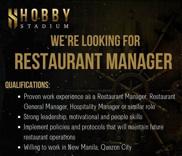 Jobtalk - Restaurant Manager vacancy in Quezon City! Hiring by Hobby Stadium