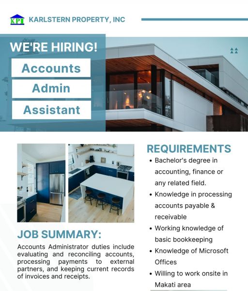 Jobtalk - Accounts Assistant vacancy in Makati! Hiring by Karlstern Property, Inc