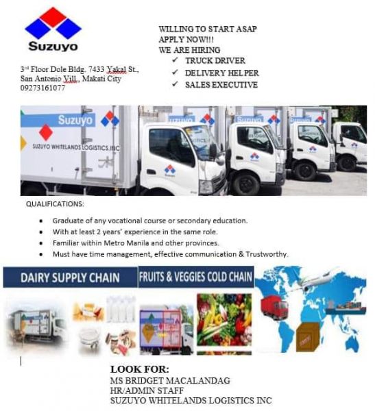 Jobtalk - Delivery Helper vacancy in Makati! Hiring by Suzuyo Whitelands Logistics, Inc.