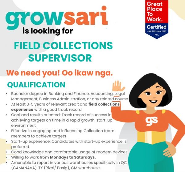 Jobtalk - Collection Supervisor needed for  field work in Metro Manila area