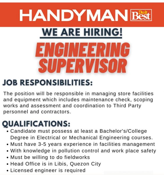 Jobtalk - Engineering Supervisor vacancy in Quezon City! Hiring by Handyman