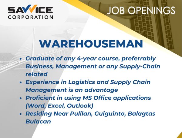 Jobtalk - Warehouseman vacancy in Balagtas! Hiring by Savvice Corporation