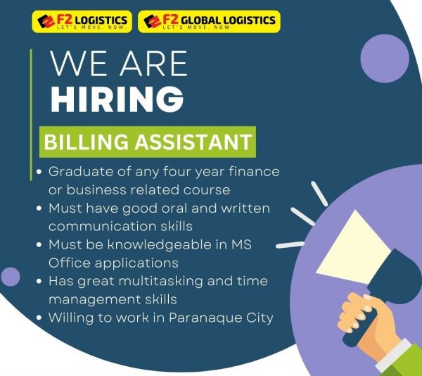 Jobtalk - Billing Assistant vacancy in Parañaque! Hiring by F2 Logistics Phils. INC.