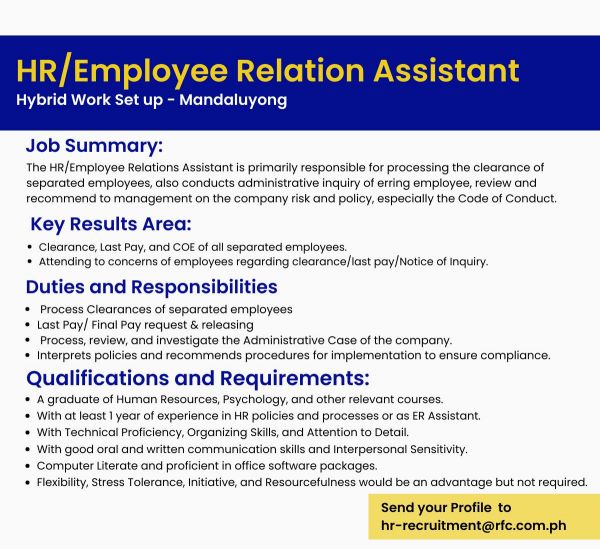 Jobtalk - Radiowealth Finance Co. looking for Employee Relations Assistant, Hybrid setup,  in Mandaluyong