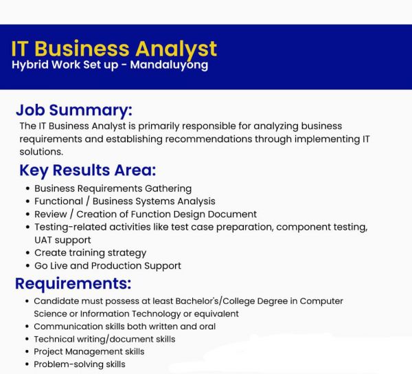 Jobtalk - IT Business Analyst vacancy in Mandaluyong! Hiring by Radiowealth Finance Co.