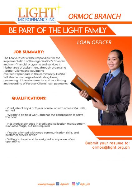 Jobtalk - Loan Officer needed for  field work in Leyte area
