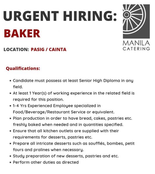 Jobtalk - Baker vacancy in Pasig! Hiring by Manila Catering