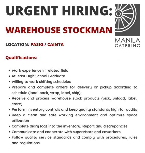 Jobtalk - Stockman vacancy in Cainta! Hiring by Manila Catering