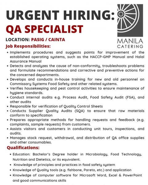 Jobtalk - Quality Assurance Officer vacancy in Cainta! Hiring by Manila Catering
