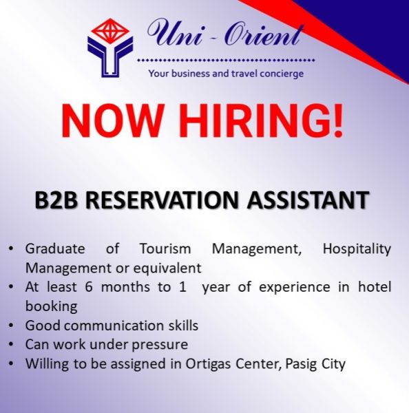 Jobtalk - Reservation Assistant vacancy in Pasig! Hiring by Uni-Orient