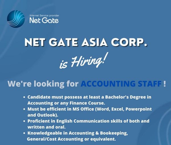 Jobtalk - Accounting Staff vacancy in Pasig! Hiring by Netgate Asia Corp.