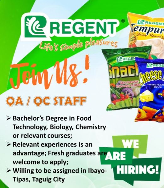 Jobtalk - Quality Control Analyst vacancy in Taguig City! Hiring by Regent Foods Corporation