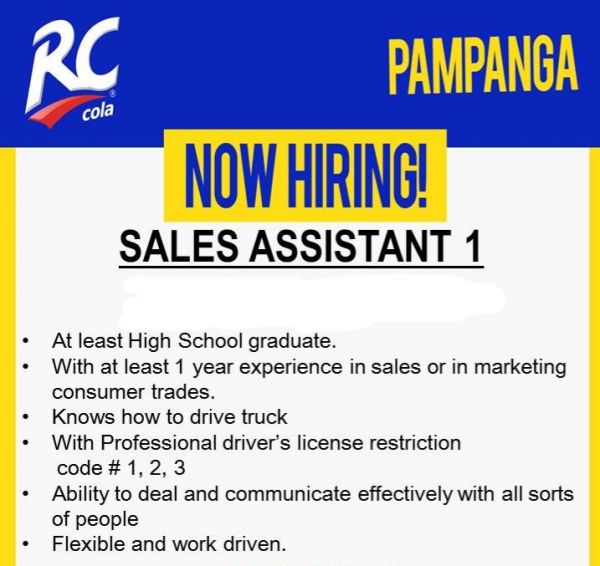 Jobtalk - Sales Assistant vacancy in San Fernando City! Hiring by ARC Refreshments Corporation