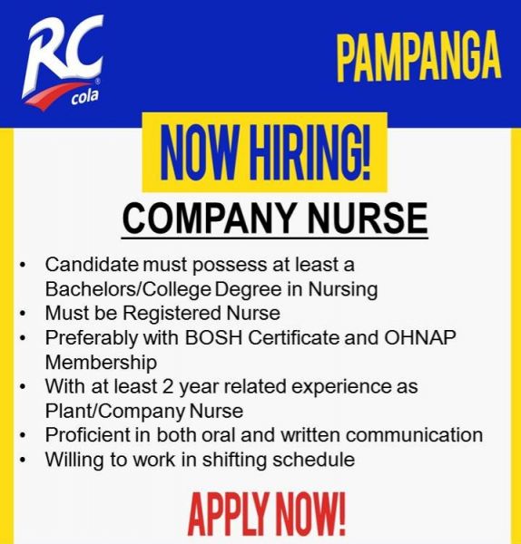 Jobtalk - Company Nurse vacancy in San Fernando City! Hiring by ARC Refreshments Corporation